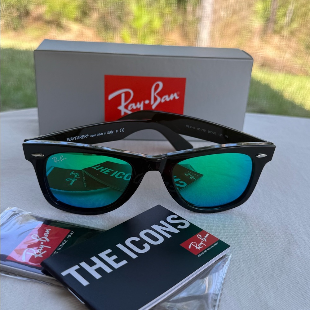 Ray-Ban Wayfarer 2140 Black Frame Sunglasses with Teal Mirrored Lenses